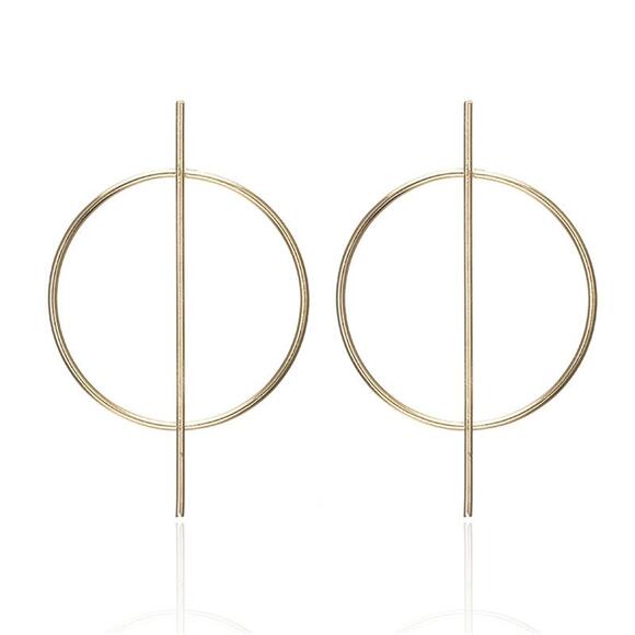 Minimalist Hoop Earrings Circle Hollow Long Geometric Design Gold Tone Dangle - Picture 3 of 5